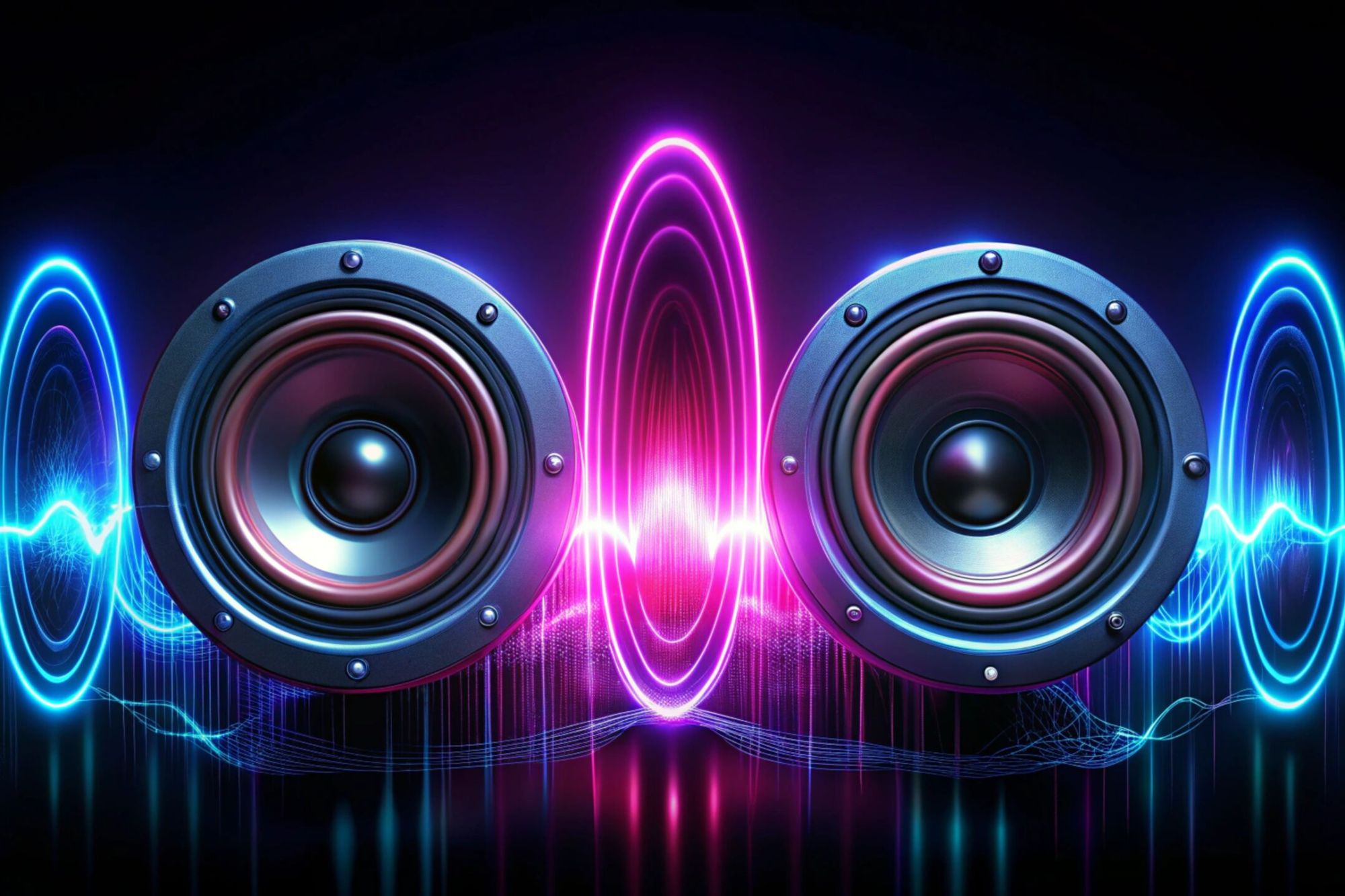 Two sound speakers in neon light with sound wave between them on black.